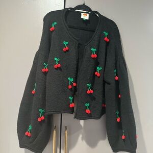 Farm Rio Cherry Embellished Black Sweater
